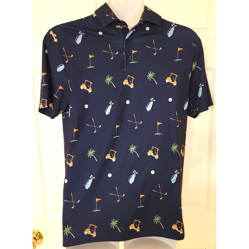 RW‎ Golf Rorie Whelan Men's Golf Print Polo Navy Golf Carts/Clubs Size M